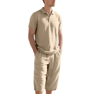 Men's summer linen two-piece set featuring short sleeve polo shirt and cropped pants
