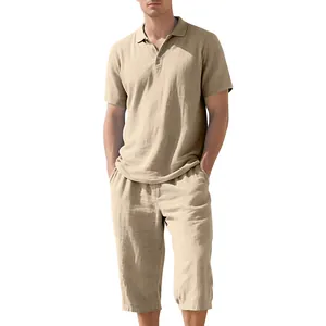 Men's summer khaki linen set featuring a short-sleeve Polo shirt and cropped pants