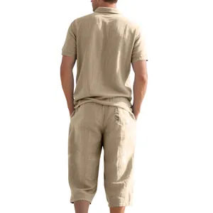 Back view of men's khaki linen set showing premium fabric texture and Polo shirt fit.