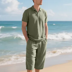 Summer men's linen polo set in olive green, ideal for beach and vacation outings.