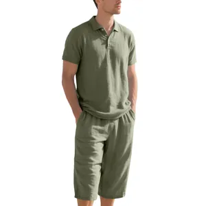 Casual men's linen polo shirt and matching cropped pants set in olive green color