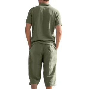 Back view of men's olive green linen two-piece set with Polo shirt and 3/4 pants