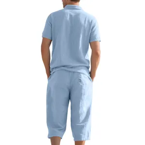 Back view of light blue men's linen set featuring Polo shirt and cropped pants for beach