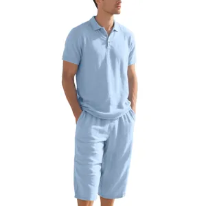 Men's summer linen two-piece set featuring light blue Polo shirt and matching 3/4 pants.