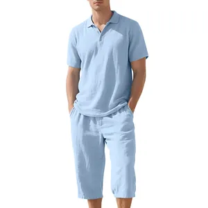 Detailed view of breathable light blue linen polo shirt and matching three-quarter pants