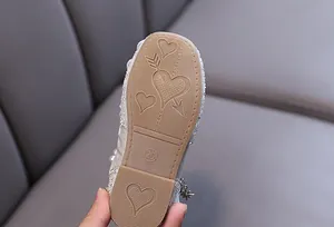 Detailed view of the anti-slip sole with heart patterns on girls' princess flat shoes
