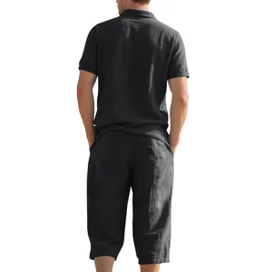Back view of a men's summer linen set with black Polo shirt and cropped trousers