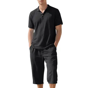 Detail view of men's summer black linen two-piece set with short sleeve Polo and pants