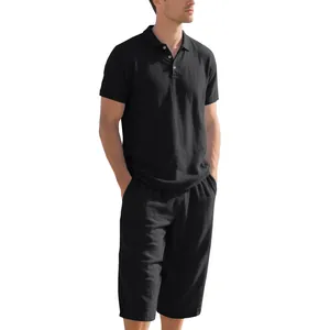 Casual men's black linen set with short sleeve polo shirt and cropped pants
