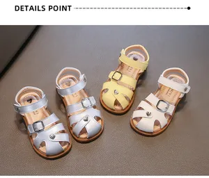 Stylish girls' closed-toe summer sandals in silver, yellow, and white with heart buckles