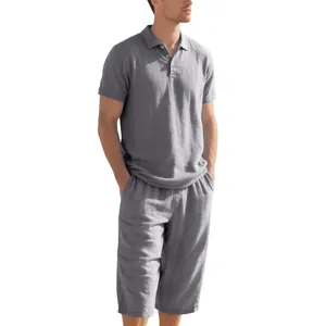 Detailed view of men's gray breathable linen set with polo shirt and cropped pants