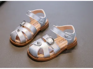 Silver girls sandals detail with metallic heart studs and soft non-slip soles for toddlers