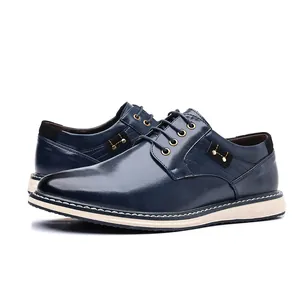 Chaussures décontractées en cuir bleu marine pour hommes avec semelle plate antidérapante
