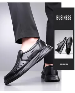 Men's breathable black leather sandals with hollow-out design for business casual wear