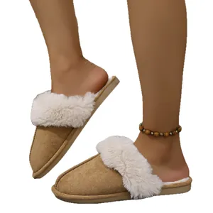 Comfortable warm winter furry slippers with camel suede upper and soft fleece lining for home