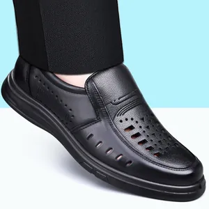 Men Genuine Leather Sandals Hollow Out Breathable Summer Beach Shoes Non-slip Soft Sole Casual Loafers Large Size Sandals For Men