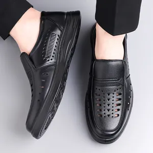 Breathable men's black leather hollow shoes with non-slip soft soles for summer wear