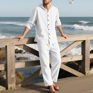 Conjunto de playa de lino blanco para hombre con camisa con capucha y pantalón holgado