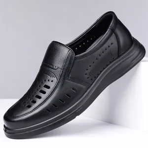 Men's breathable black leather hollow sandals with soft non-slip sole for summer wear