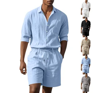 Men's casual linen two-piece set with long-sleeve shirt and drawstring shorts
