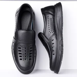 Premium black genuine leather men's sandals with breathable hollow design and soft sole