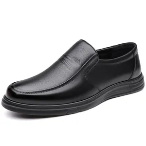 Men's black genuine leather slip-on loafers with non-slip soft sole and breathable design.