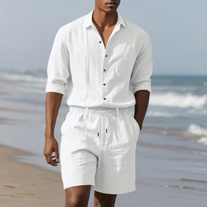 Detailed look at men's breathable white linen beach shirt and matching shorts set