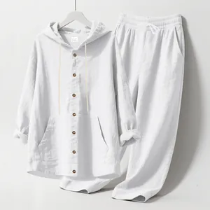 Conjunto casual de dos piezas de lino blanco para hombre con camisa con capucha y pantalones