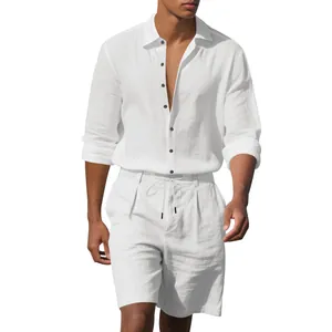 Detailed shot of men's white linen long sleeve shirt and matching beach shorts