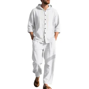 Conjunto informal de lino blanco para hombre con camisa con capucha y pantalones