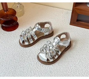 Silver Lolita-style girl sandals with elegant triple-bow decoration and non-slip sole