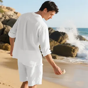 Men's white linen long-sleeved shirt and shorts set for beach leisure wear