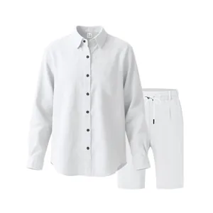 Two-piece men's summer casual beach set featuring a white linen shirt and matching shorts