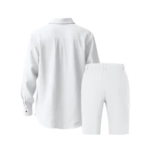 Men's white linen set featuring a long-sleeve shirt and casual shorts for summer