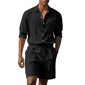 Full detail view of men's black linen shirt and matching shorts for summer beach outings