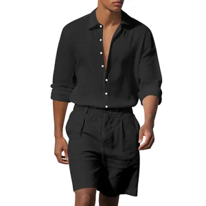 Men's black linen shirt and shorts set summer casual beach wear two-piece