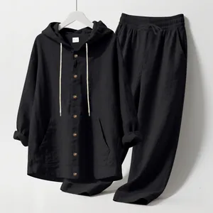 Conjunto negro para hombre de camisa con capucha de manga larga y pantalón lino