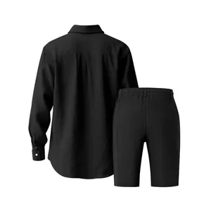 Back view of black linen long-sleeve shirt and matching shorts with elastic waist