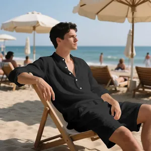 Stylish men's black long-sleeve linen shirt and casual shorts beach set for summer