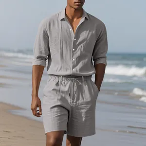 Men's grey linen long-sleeve shirt and shorts beach set on model