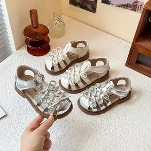 Toddler Kids Girls Lolita Sandals Closed Toe Bowknot Princess Shoes Non-Slip Summer Beach Sandals For Girls White Silver