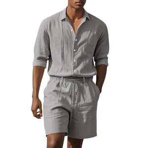 Detailed view of grey men's linen long sleeve shirt and matching shorts beach set.