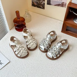 Sweet Lolita-style girl's closed-toe sandals with elegant bow-knot details in white and silver