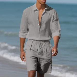 Macro view of casual gray linen beach set featuring breathable texture and drawstring shorts