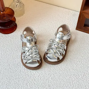 Shiny silver girl's Lolita sandals with bows and anti-slip soles for summer