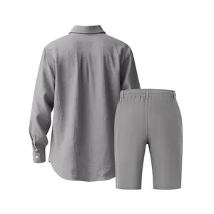 Back view of a grey men's loose linen long-sleeved shirt and casual shorts beach set