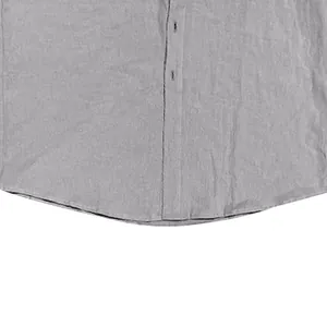 Close-up detail showing the hem and button placket texture of a men's gray linen shirt