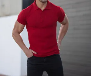 Detail view of men's red ribbed polo shirt with slim muscle fit and button lapel
