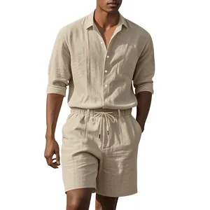 Men's beige linen-style long-sleeve shirt and matching shorts casual beach outfit set