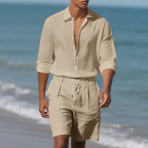 Full view of the linen texture and button details on the men's casual beach outfit